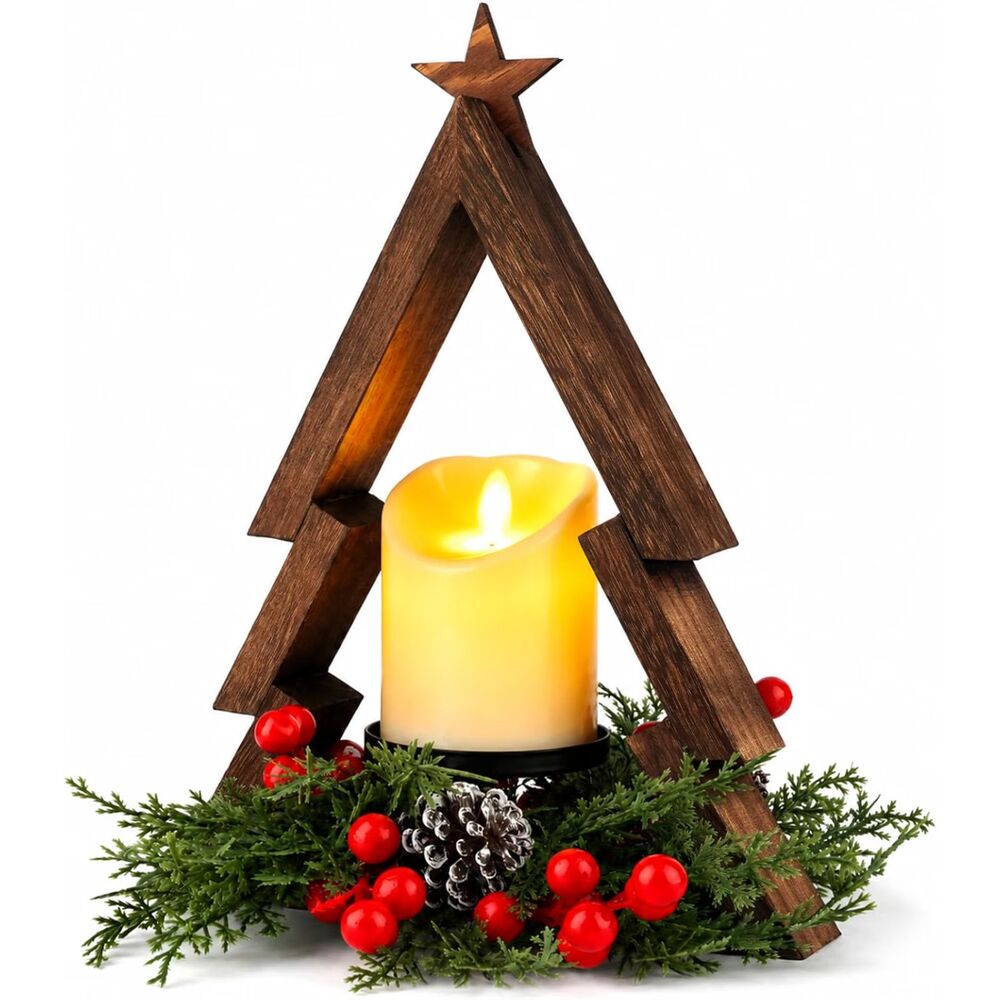 Rustic Wood Christmas Tree Candle Holder LED Flameless Farmhouse Table Decor